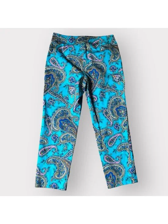 Talbots Size 4 Turquoise Blue Paisley Print Flat Front Slim Cropped Capri Pants - Picture 8 of 10